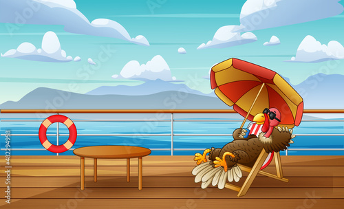 Cute cartoon a turkey is sunbathing on chaise lounge under colorful parasol