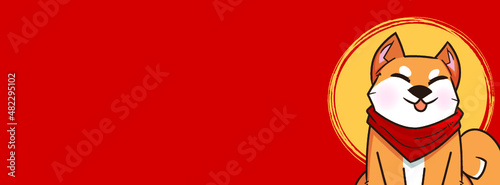 Chinese New Year, Vector Design ,Cute shiba Inu Concept design on Red background with copy space for text.