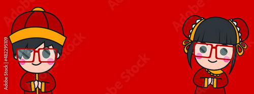 Chinese New Year  Vector Design  Cute boy and girl Concept design on red background with copy space for text.