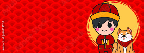 Chinese New Year, Vector Design ,Cute boy and shiba Inu Concept design on Red background with copy space for text.