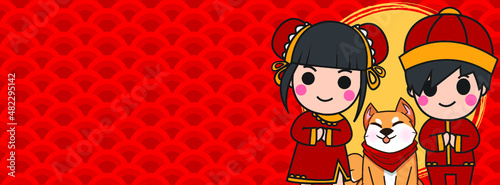 Chinese New Year, Vector Design ,Cute boy and girl Concept design on red background with copy space for text.