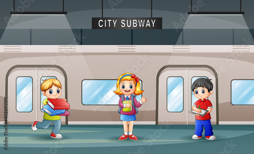 Illustration of school children waiting for the train by reading a book at the station