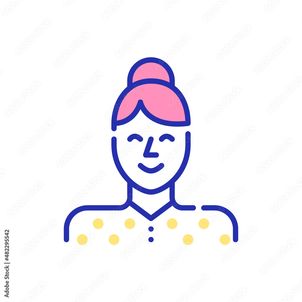 Line art avatar icon. Smiling young professional woman with a bun on her head. PIxel perfect, editable stroke, fun colored
