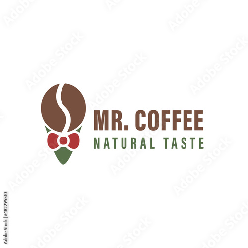 Mr. coffee logo template with coffee bean and tie inside marker symbol. modern vintage coffee shop labels. vector icon illustration