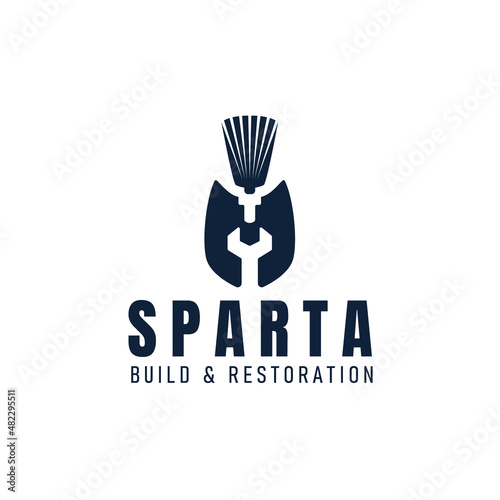 Sparta logo for build and restoration project with spartan helmet and engineer tool silhouette.