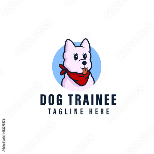 Dog trainee logo with cartoon mascot. design of dog trainee logo with the blue circle vector template