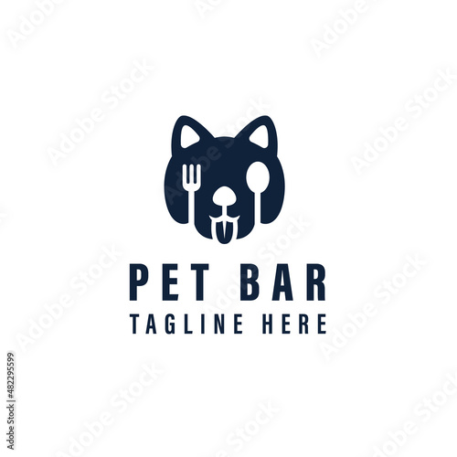 Pet bar logo design for pet shop or label for pet food. logo concept with dog face, fork, and spoon. combination silhouette with negative space vector illustration