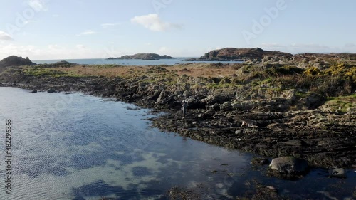 AERIAL - A person and their dog on a rocky beach, Isle of Gigha, Kintyre, Scotland photo