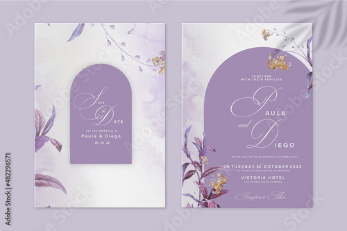 Geometric Wedding Invitation Template with Purple Flower