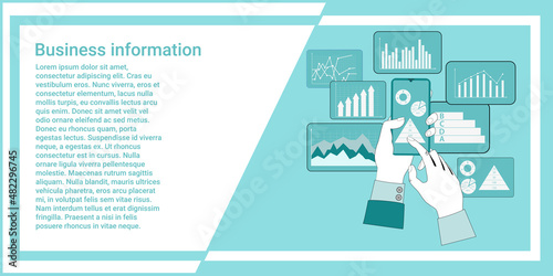Business information.A businessman uses a smartphone with an application for business control.An illustration in the style of a green landing page.