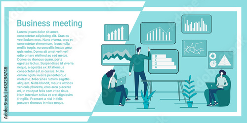 Business meeting.People in the office confer and solve business problems.An illustration in the style of a green landing page.