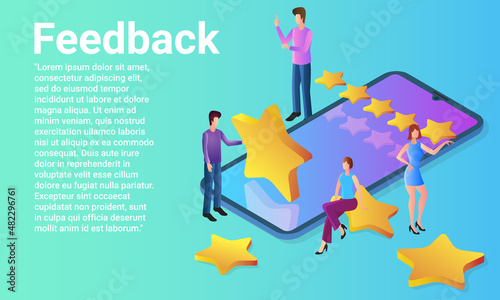 Feedback.Determining the rating.Communication with consumers.People on the background of a smartphone and rating stars.An illustration in the style of a green landing page.