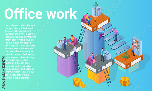 Office work.People in the office work, communicate and brainstorm.A business-style poster.Flat vector illustration.