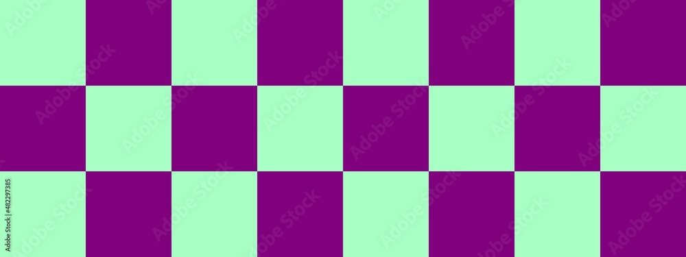 Checkerboard banner. Purple and Mint colors of checkerboard. Big squares, big cells. Chessboard, checkerboard texture. Squares pattern. Background.