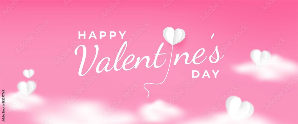 Valentine's day horizontal banner with love balloon and sky illustration. Usable for banner, background, and cover.