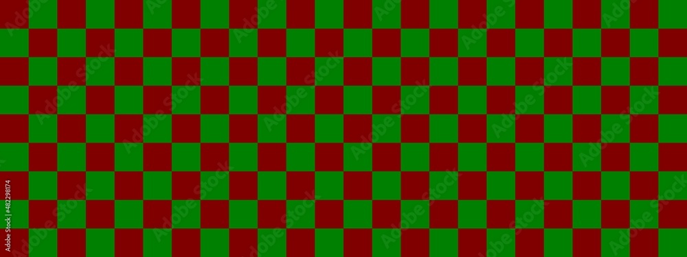 Fototapeta premium Checkerboard banner. Green and Maroon colors of checkerboard. Small squares, small cells. Chessboard, checkerboard texture. Squares pattern. Background.