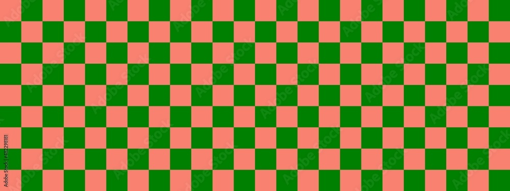 Checkerboard banner. Green and Salmon colors of checkerboard. Small squares, small cells. Chessboard, checkerboard texture. Squares pattern. Background.
