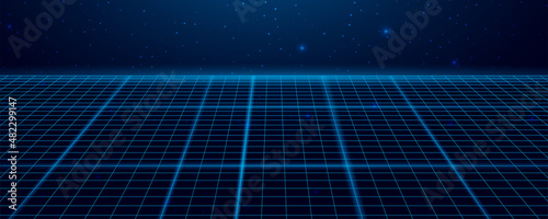 Wireframe perspective grid. Space neon infinity mesh, abstract retro background. Vector illustration