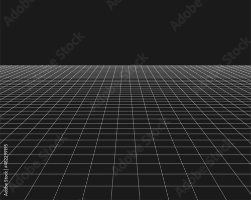 Wireframe perspective grid. White infinity mesh on black background, Abstract retro style. Vector illustration