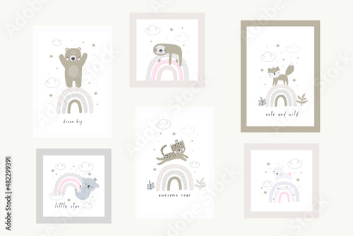 Cute rainbow and koala, bear, fox, bunny, sloth, leopard - vector print for baby. Vector print for creating posters, invitations, cards and wall decor 