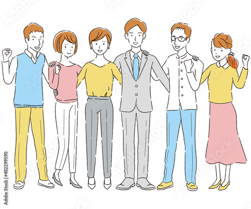 手書き線画カラーイラスト 　男女の仕事仲間6人　ガッツポーズ