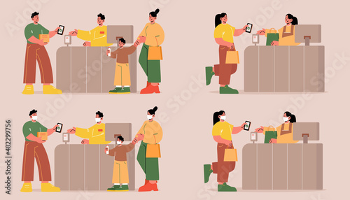 People pay for purchase on checkout counter in supermarket. Concept of contactless payment, NFC technology. Vector set of flat illustrations with cashier and shoppers in masks with phone in store