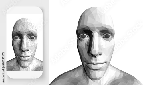 Abstract man head made from dots. Pixel art. Facial recognition technology. Biometric identification scanning on smartphone. 3D vector illustration.