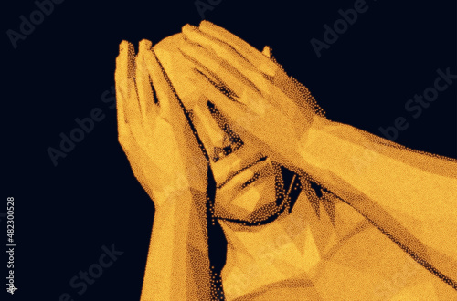 Man covering face with both hands. Human emotions, reaction and body language. Concept of fear, domestic violence, despair or anxiety. 3D Vector illustration.