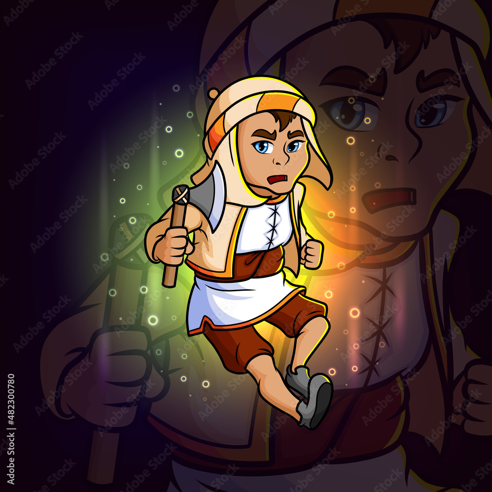 The slave is in a hurry and holding an axe esport logo design The slave is in a hurry and holding an axe esport logo design