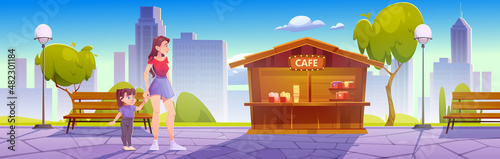 Mother and little daughter stand at outdoor cafe in city park, family walk, weekend leisure. Young woman hold baby girl hand near stall with food and drinks in urban garden Cartoon vector illustration
