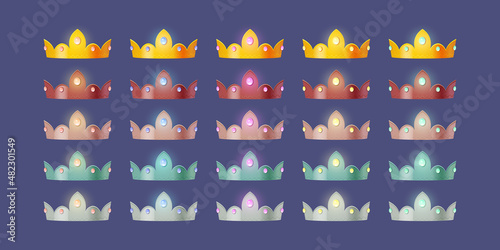 Game icons of royal crowns with gem different color. Vector cartoon set of king, queen, princess or prince headdress, gold, silver and bronze tiaras with gemstones and diamonds