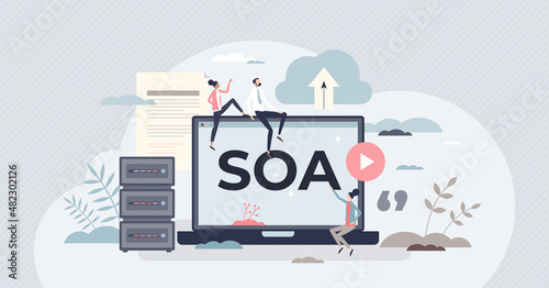 SOA or system oriented architecture for software apps tiny person concept. Information technology programming style vector illustration. Provide application components through a communication protocol photo