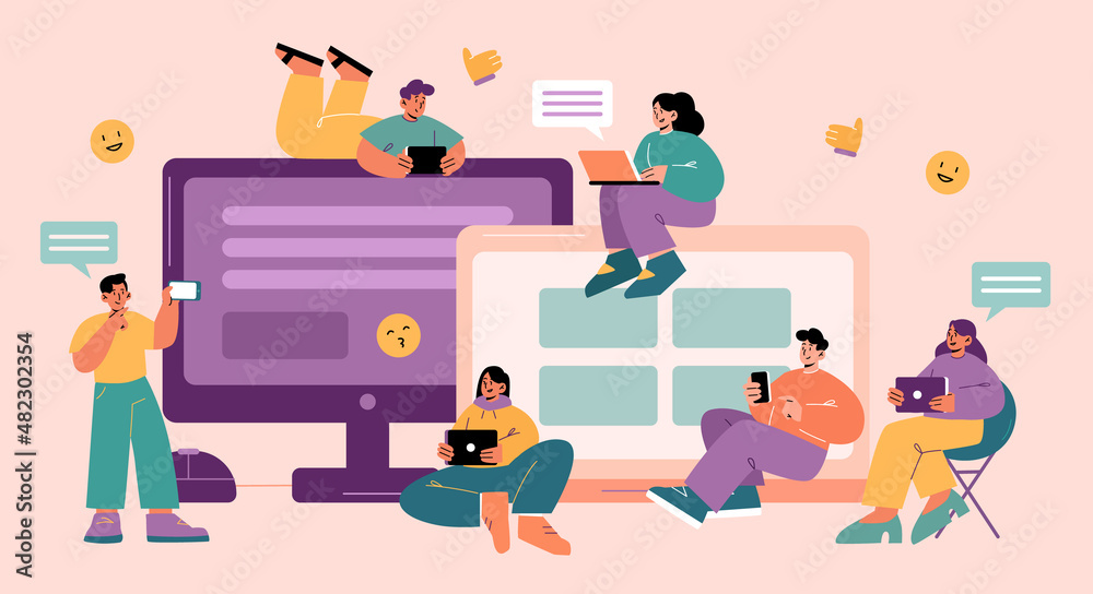 Tiny people with gadgets at huge computer desktops. Young men and women with smartphones, laptops and tablets chatting and work. Happy characters online communication Line art flat vector illustration Tiny people with gadgets at huge computer desktops. Young men and women with smartphones, laptops and tablets chatting and work. Happy characters online communication Line art flat vector illustration