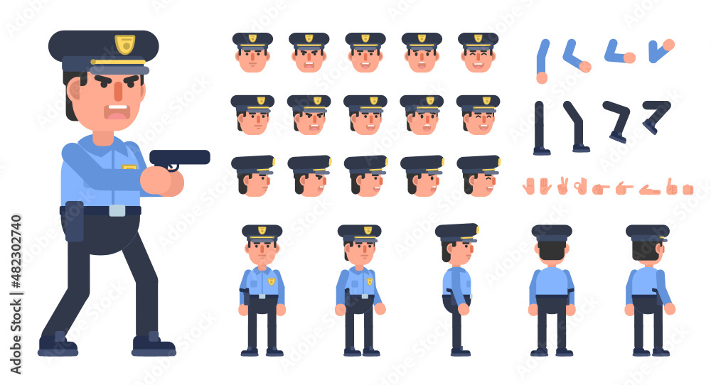 Policeman, police officer in blue uniform creation kit. Create your own action, pose, animation. Modern vector illustration