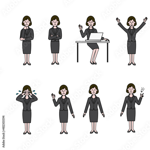 スーツを着たボブヘアの若い女性のOKや万歳やパソコンの前に座るなどの表情バリエーションの白背景に線画の動画にも使えるシンプルなイラスト