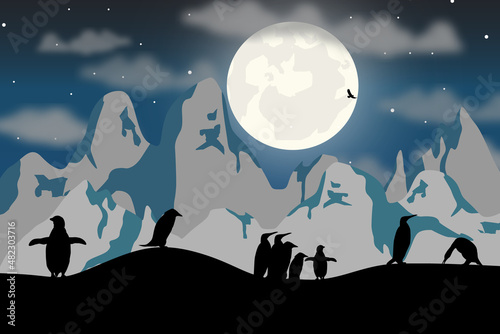 cute penguin and moon silhouette