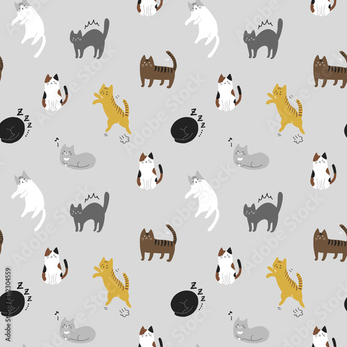 色々なポーズ、毛柄のネコ柄　シームレスパターン（グレー）