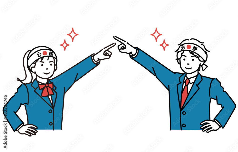 合格・必勝はちまきをして目標を指差す男子学生と女子学生のシンプルイラストセット