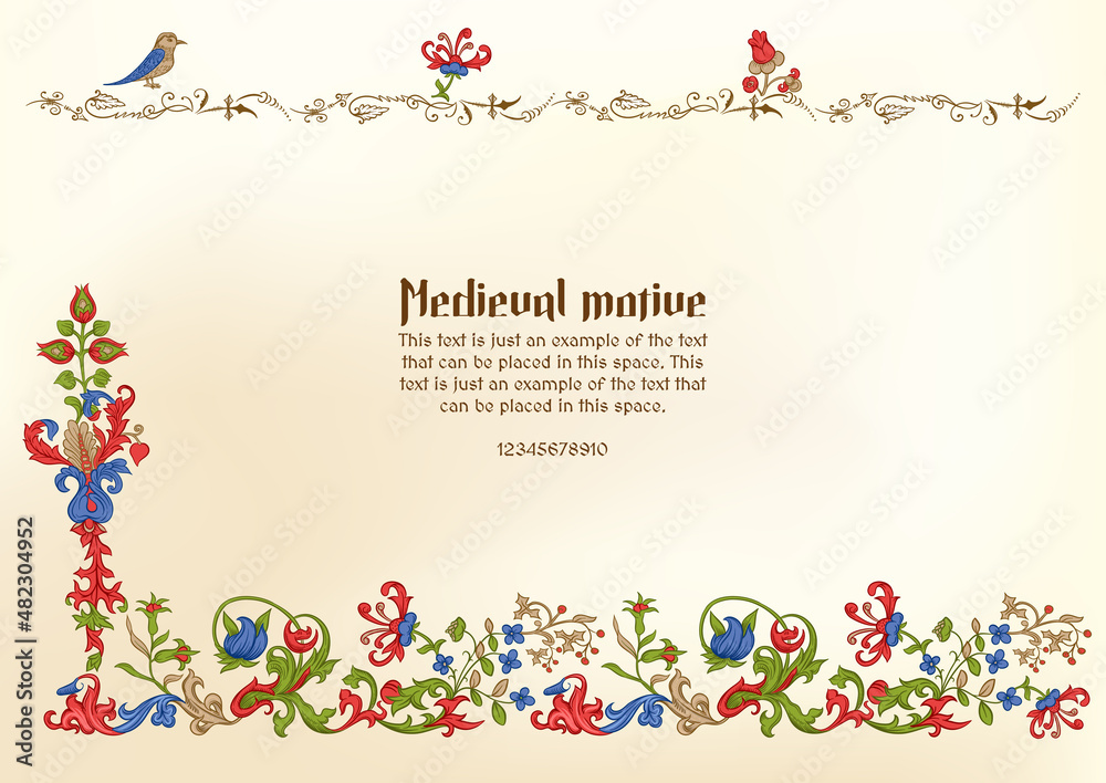 Floral vintage Medieval illuminati manuscript inspiration. Romanesque style. Template for greeting card, banner, gift voucher, label. Vector illustration.