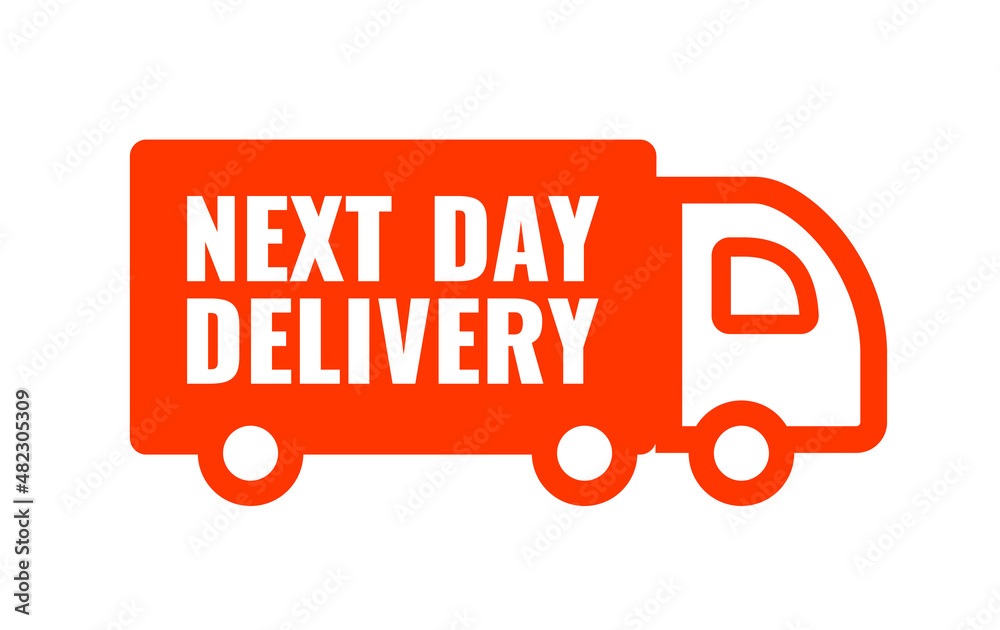 Next day delivery. Red Banner with text. Icon car. Next day delivery. Red Banner with text. Icon car.