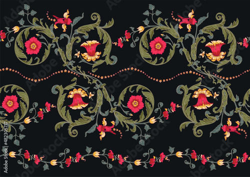 Seamless pattern with stylized flowers In baroque, rococo, victorian, renaissance medieval style. In decorative style. Ethnic patterned ornate hand drawn.medieval style. Vector illustration.