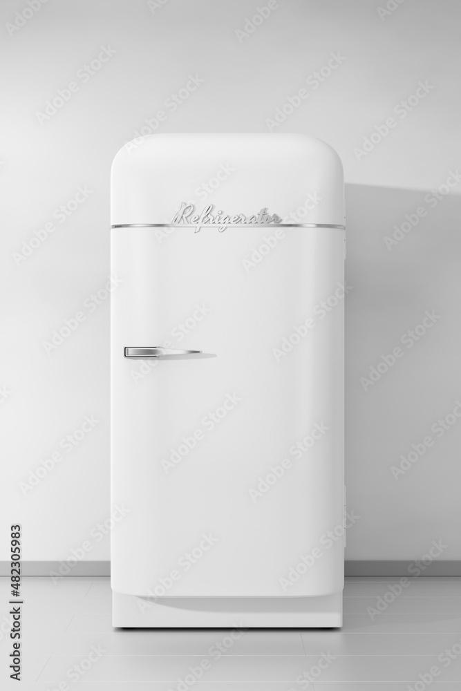 Fridge in gray minimalistic kitchen interior. 3D rendering. Fridge in gray minimalistic kitchen interior. 3D rendering.