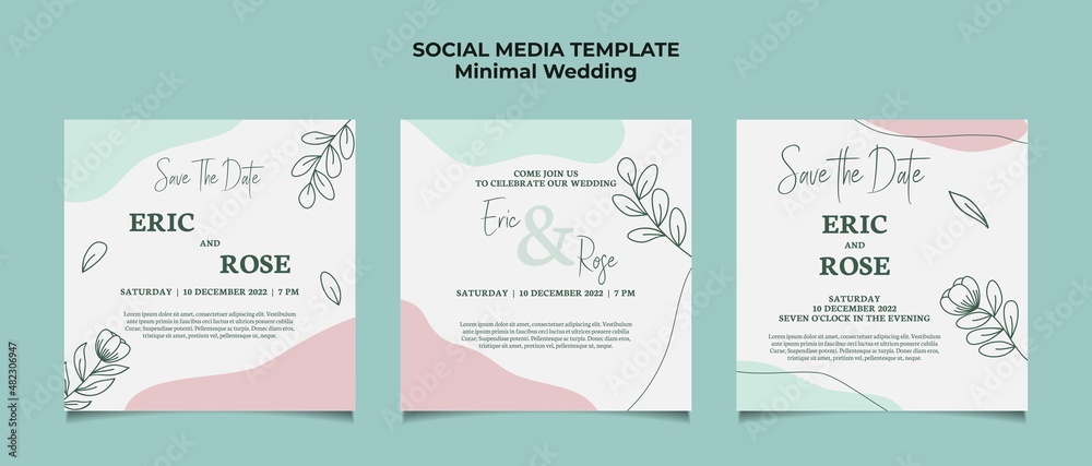 Minimal Wedding Invitation social media post template with floral frame line art hand drawn leaf and flower