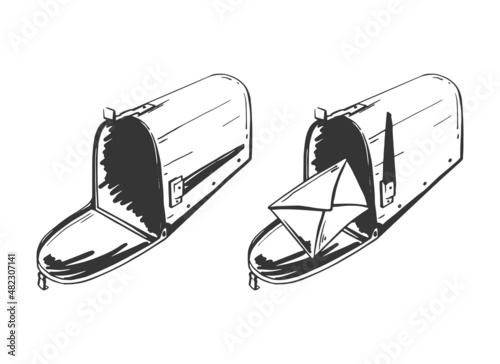 American mailbox sketch. Two open mailboxes with letter and empty one. Postal service. Vector hand-drawn illustration