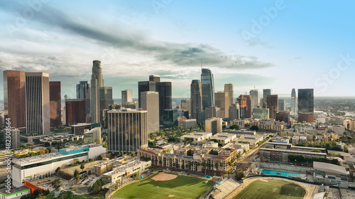 Los Angeles city aerial view on downtown cityscape of Los Angels. Business centre of the city, panoramic landscape. California skyline and skyscrapers. © Volodymyr