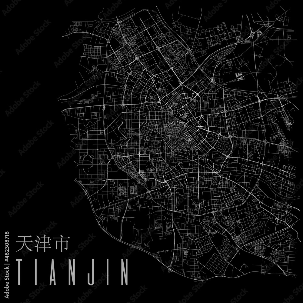Tianjin city vector map poster. China municipality square linear street map, administrative municipal area.