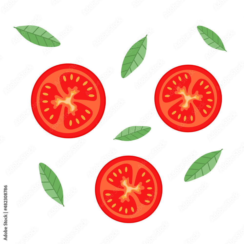 Slices of tomato with herbs on a white background Slices of tomato with herbs on a white background