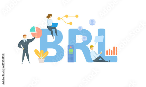 BRL, Brazilian Real. Concept with keyword, people and icons. Flat vector illustration. Isolated on white.