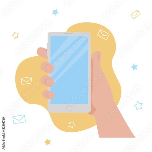 Vector illustration of a phone in the hand of a man. A letter, a message, stars. Isolated on a white background.