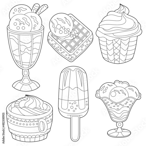 Different sorts of ice cream. Monochrome deserts isolated on white background. Coloring book style for children and adults